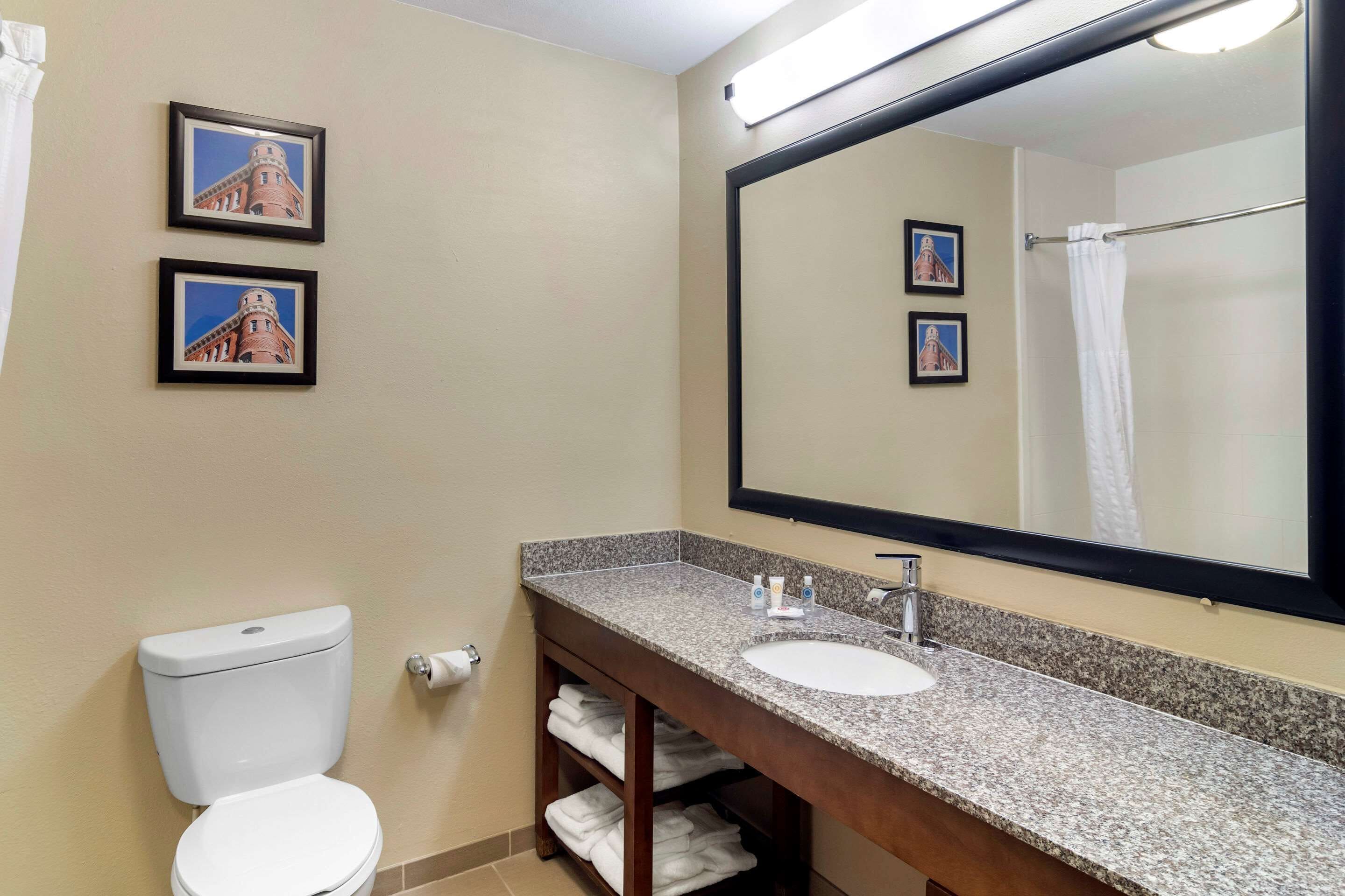 A bathroom with a toilet, two sinks, a large mirror, and two framed pictures on the wall.