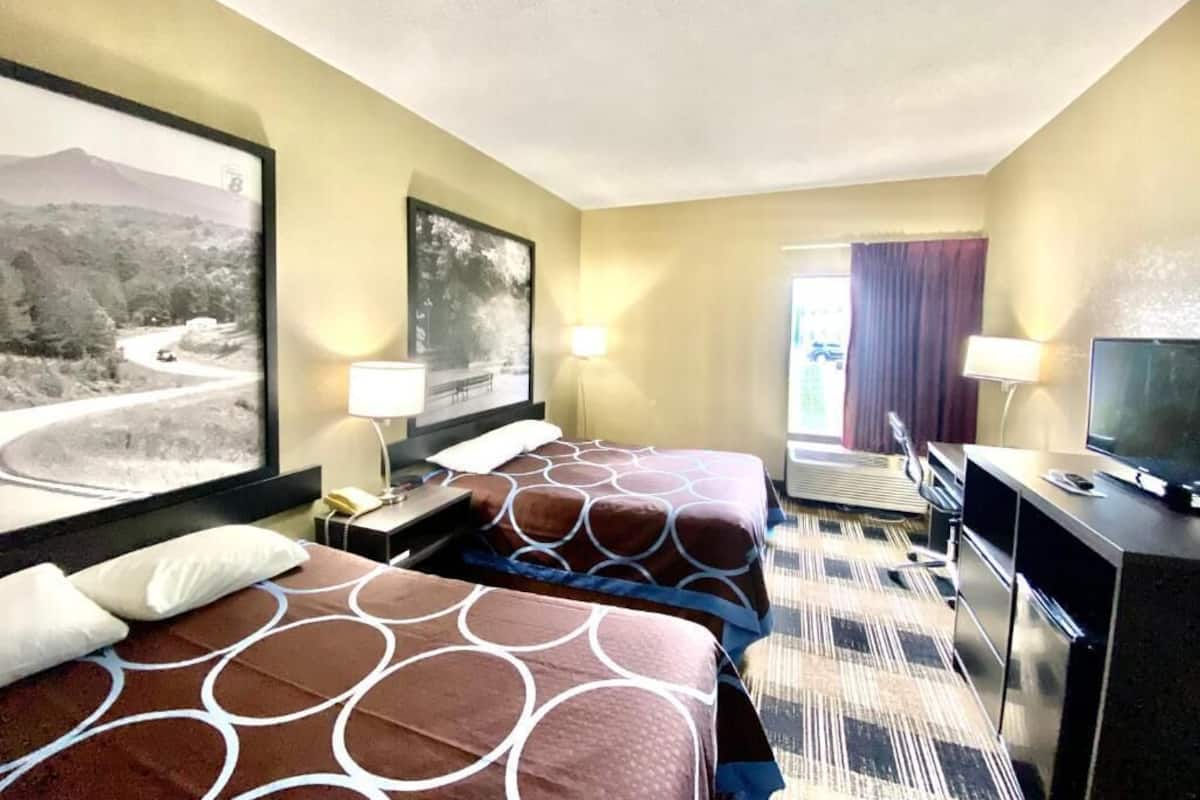 Standard Room, 2 Queen Beds, Non Smoking, Refrigerator & Microwave | Desk, laptop workspace, blackout drapes, iron/ironing board