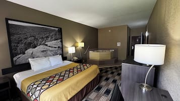 Desk, laptop workspace, blackout curtains, iron/ironing board