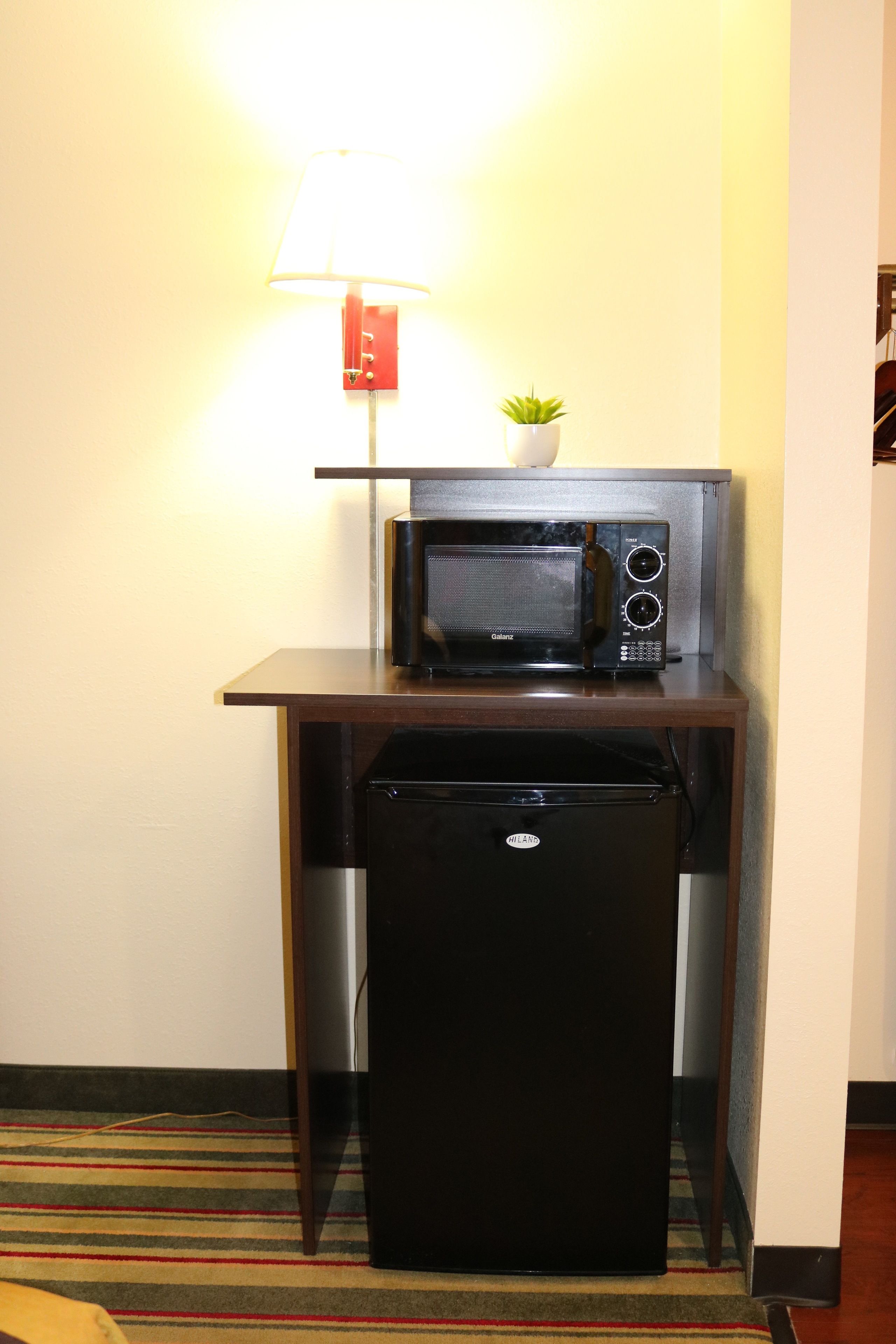 A compact kitchenette with a microwave, a small refrigerator, a lamp, and a potted plant.
