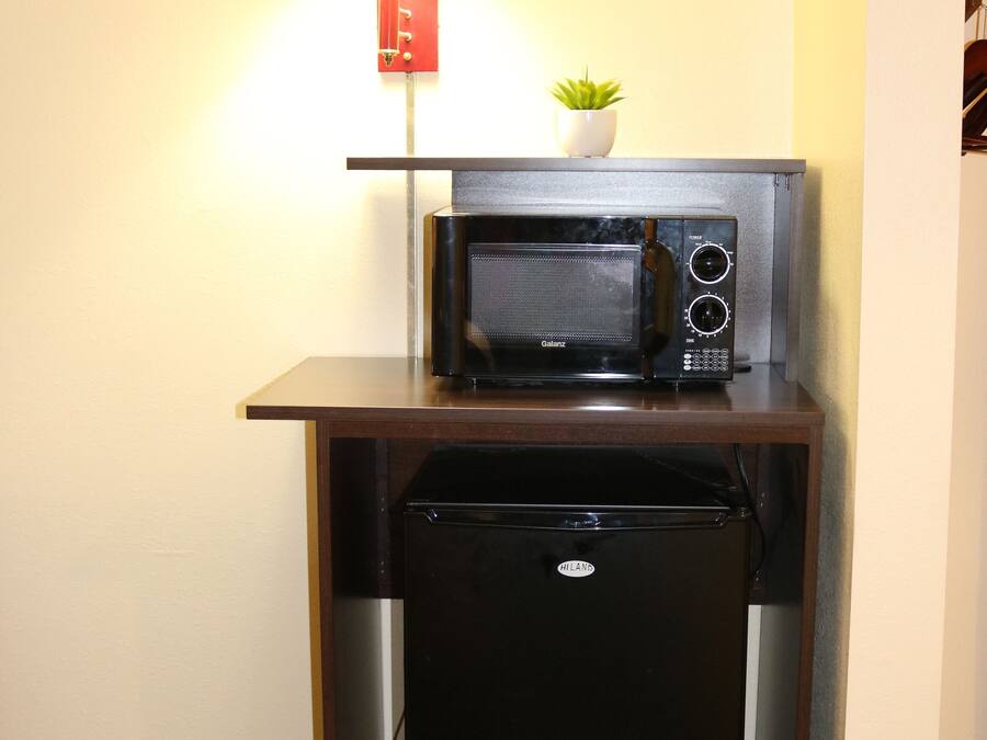 A compact kitchenette with a microwave, a small refrigerator, a lamp, and a potted plant.