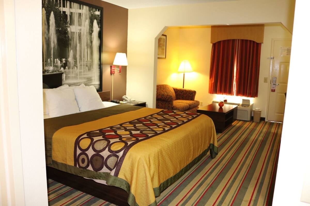 Una habitación de hotel con cama, dos lámparas de noche, una silla, un escritorio, un cubo de basura y una puerta.