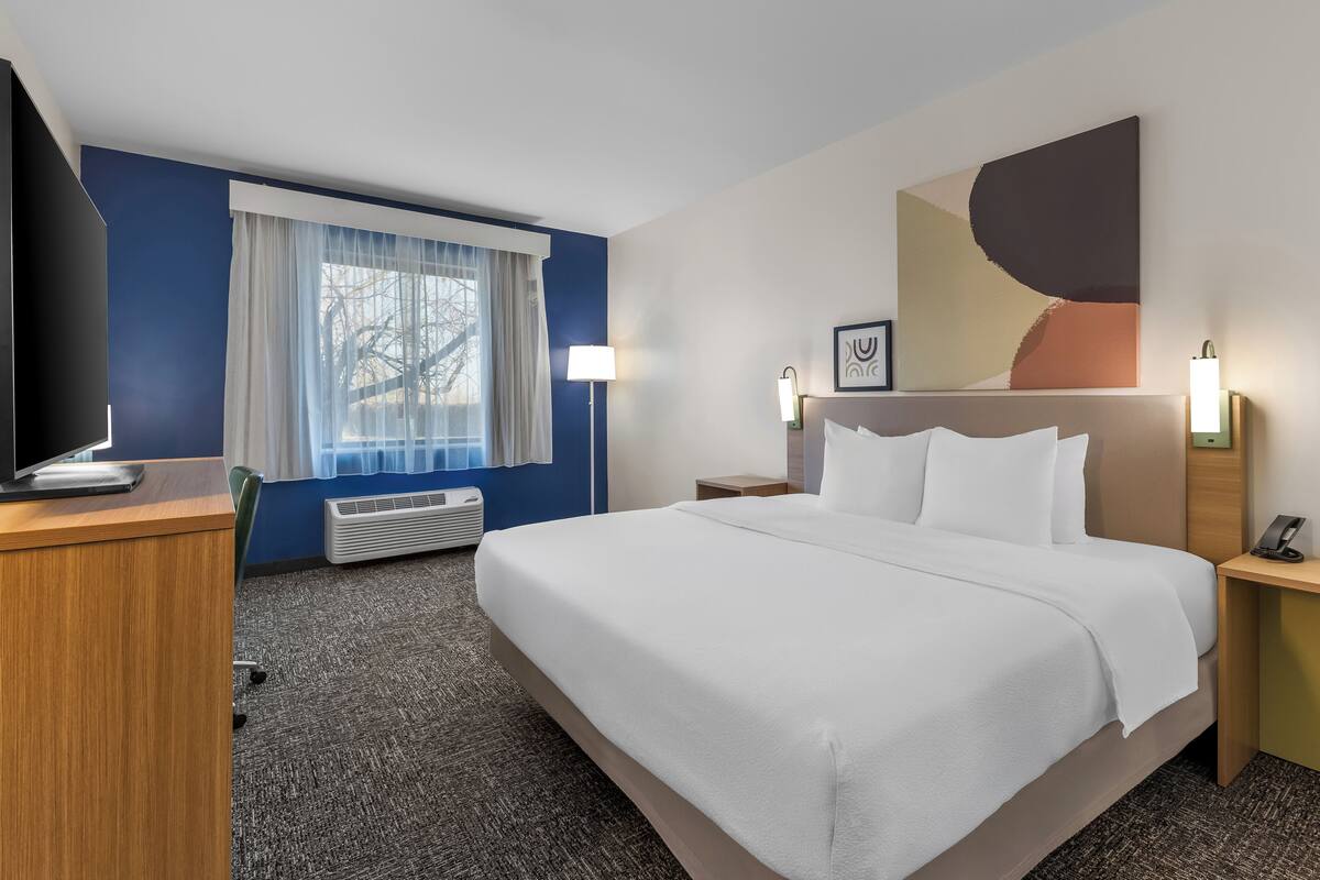 A hotel room with a large bed, a desk with a flat-screen TV, a window with sheer curtains, and a wall-mounted artwork.