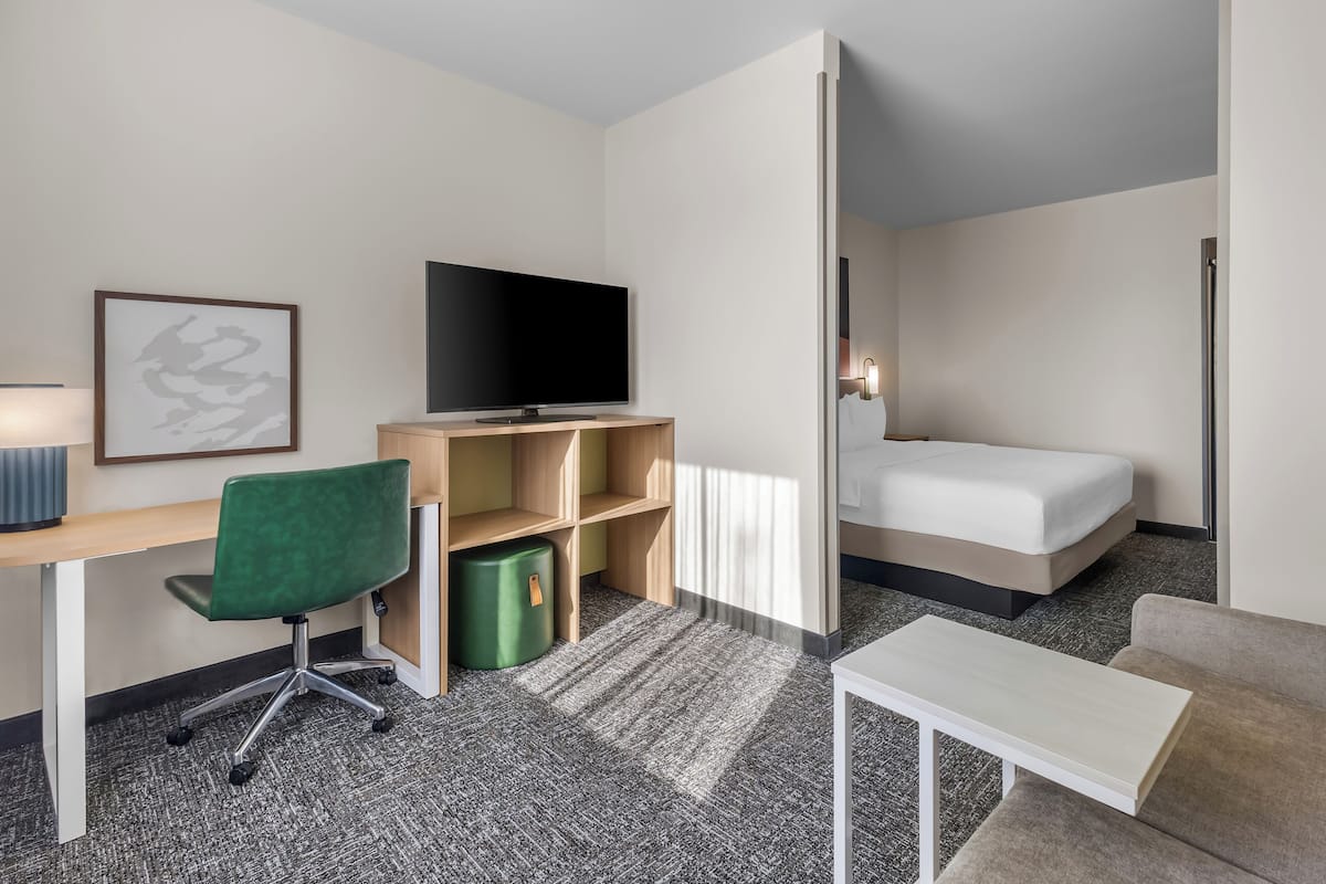 A modern hotel room with a desk, chair, television, bed, and a small sofa.