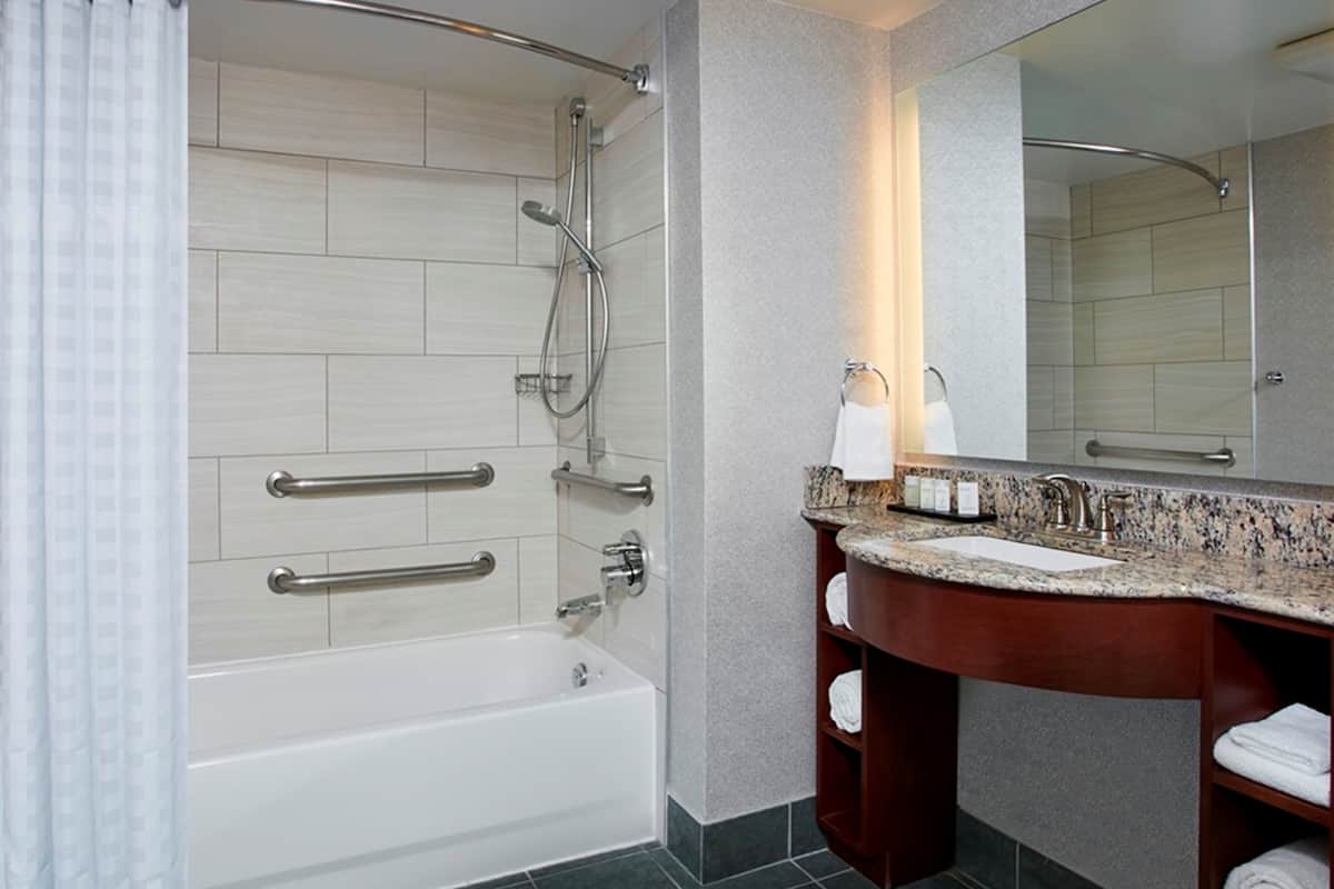 combined shower/bathtub, free toiletries, hair dryer, towels