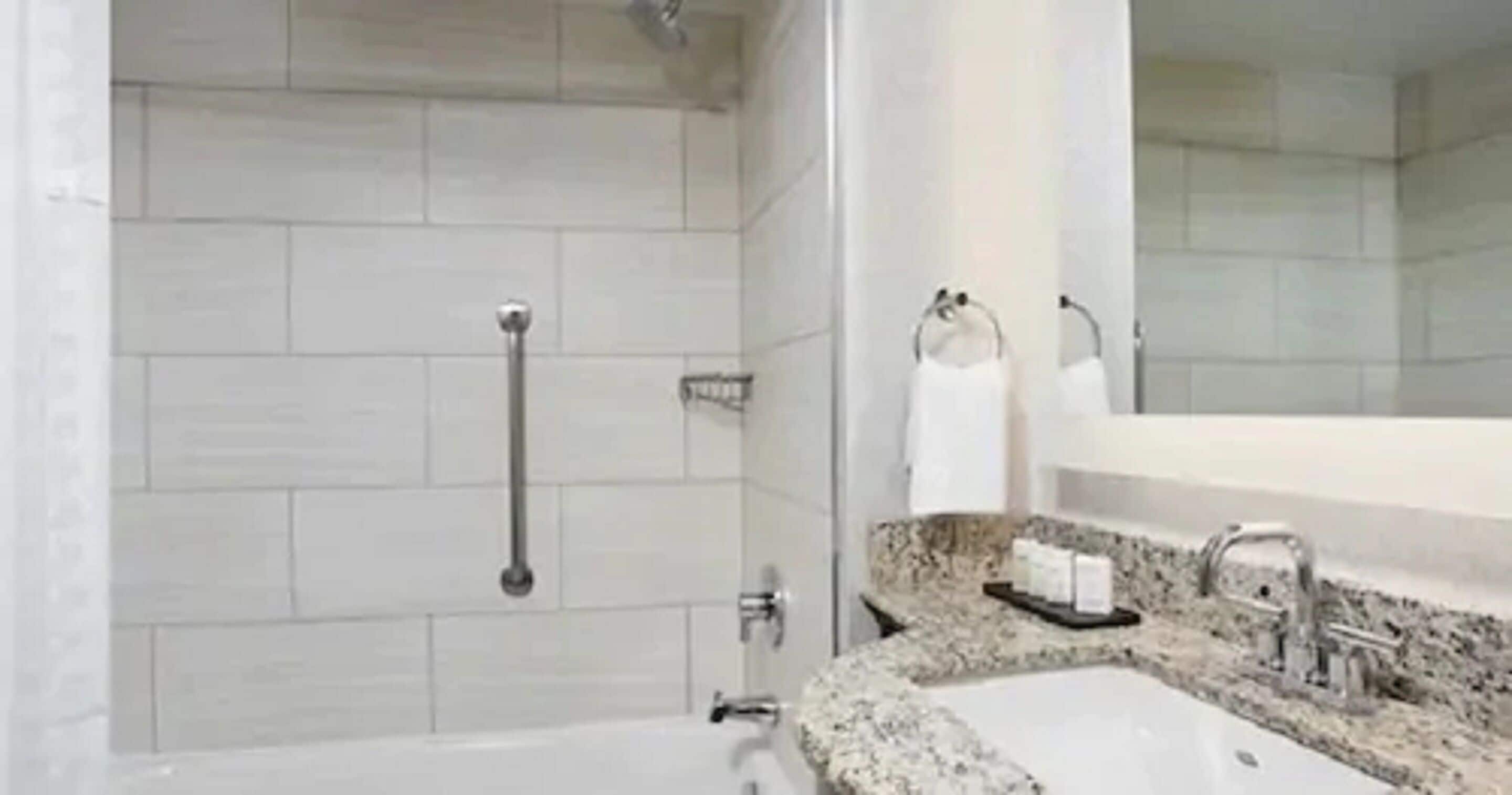 combined shower/bathtub, free toiletries, hair dryer, towels