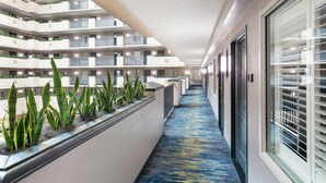 Ein mehrgeschossiges Hotel mit Balkonen, einem blau teppichbelagten Gang und einer Reihe von Fenstern mit Jalousien.