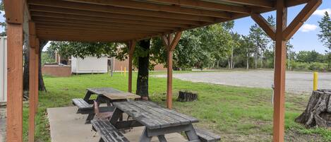 Ein überdachter Picknickbereich mit Holzbänken und einem Betonweg.