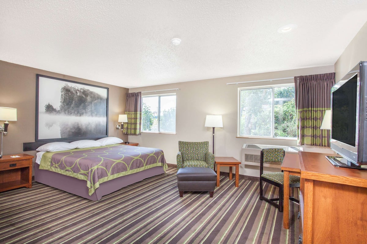 Une chambre d’hôtel comprenant un lit, un bureau, une chaise, un téléviseur et deux fenêtres.
