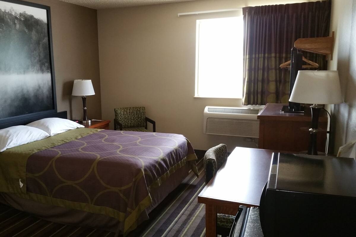 Une chambre d’hôtel comprenant un lit, un bureau, une chaise, une lampe, une fenêtre avec des rideaux, un climatiseur et un tableau au mur.
