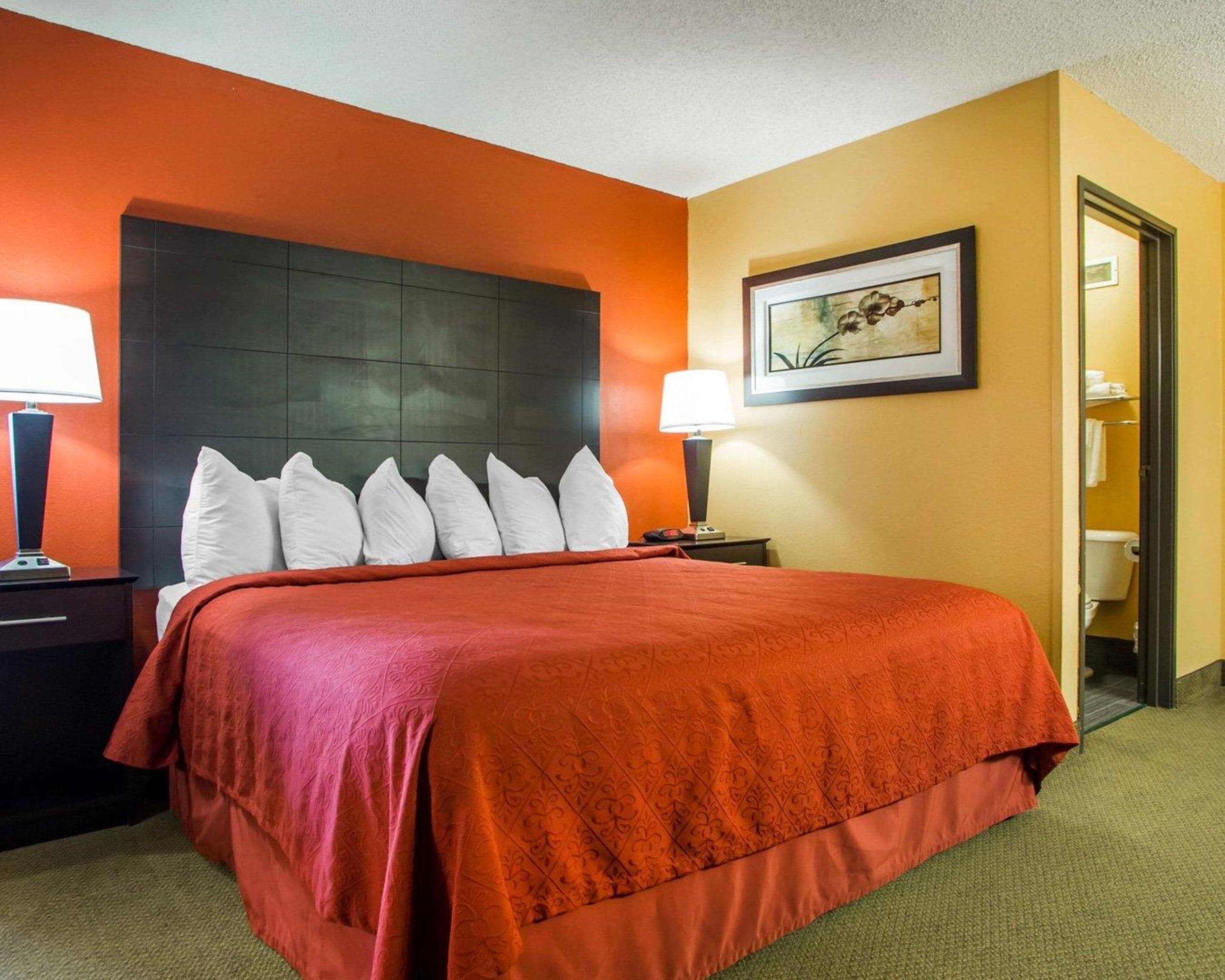 A hotel room with a large bed, orange walls, a framed picture on the wall, and a nightstand with a lamp.