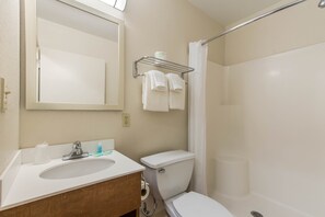 Un baño con lavabo, espejo, inodoro y ducha.