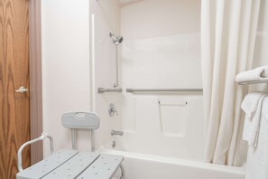 Combined shower/tub, hair dryer, towels, soap