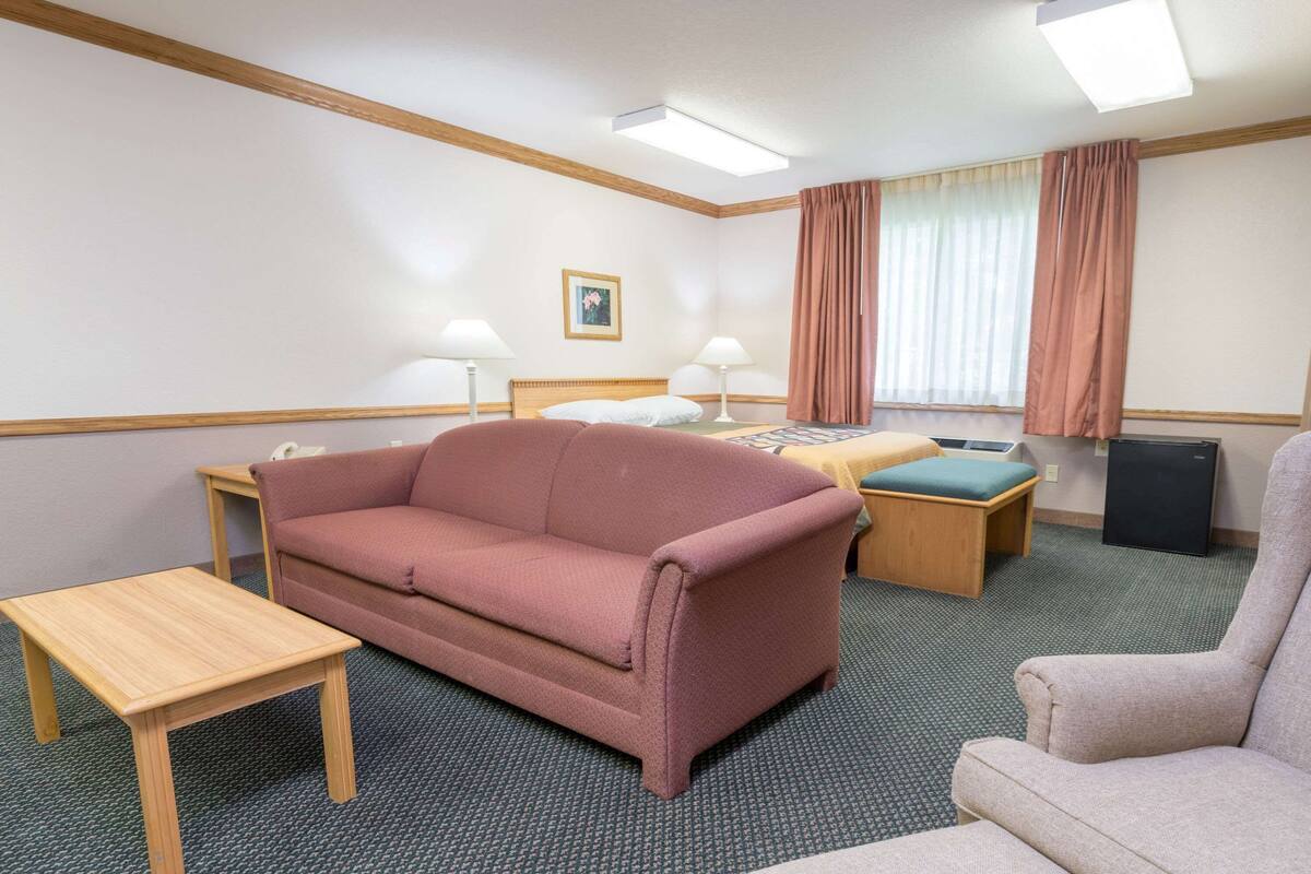 A hotel room with a sofa, a small table, a bed with a green pillow, a bedside table with a lamp, and a small black speaker.