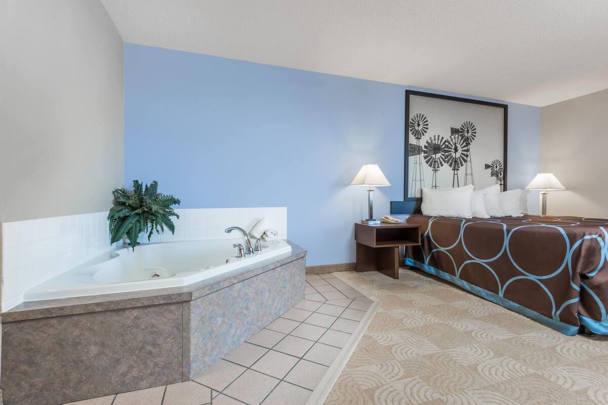 A hotel room with a bathtub, a bed with a patterned bedspread, a nightstand with a lamp, and a wall with a windmill painting.