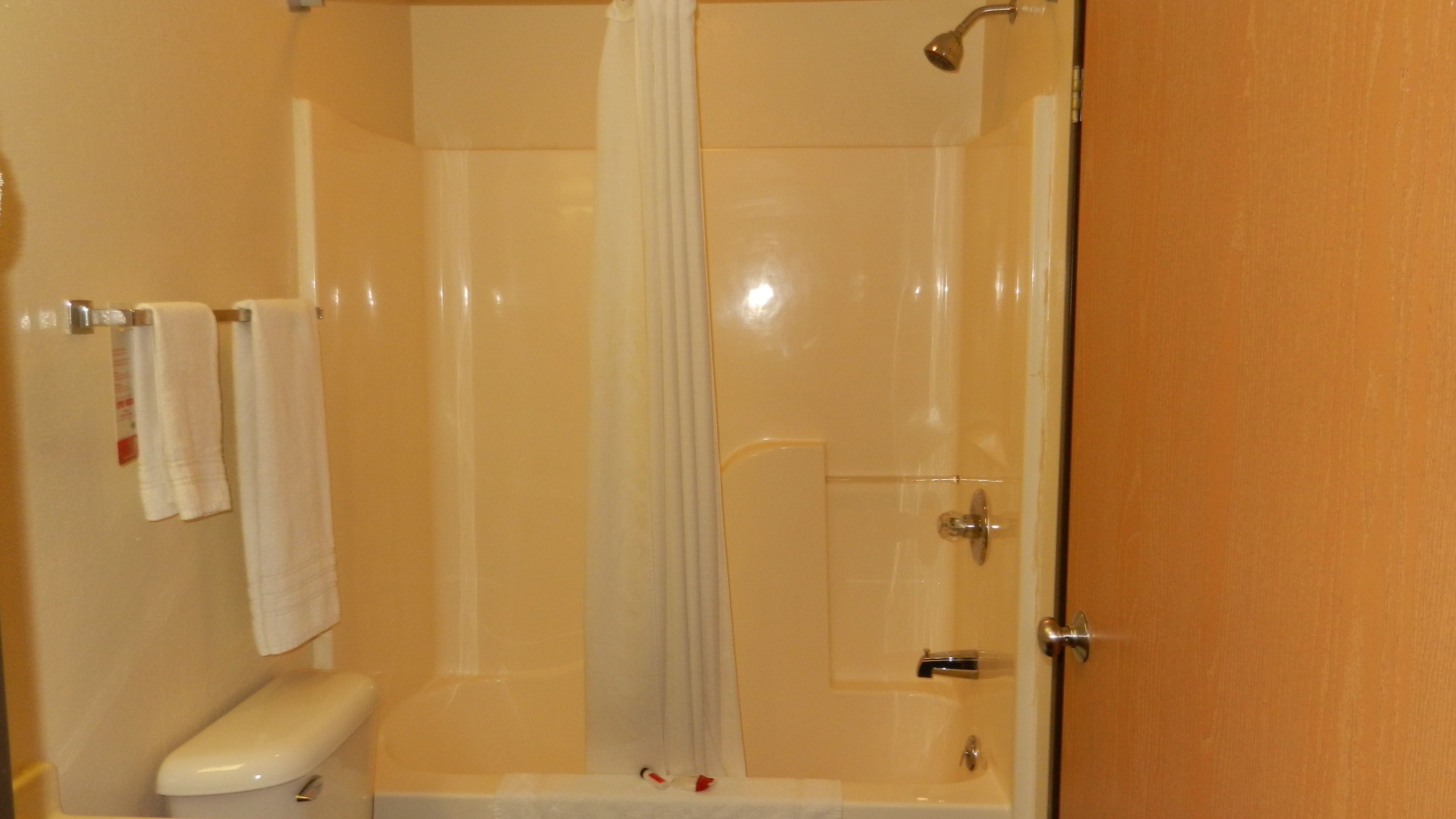 A bathroom with a shower, toilet, and a towel rack.
