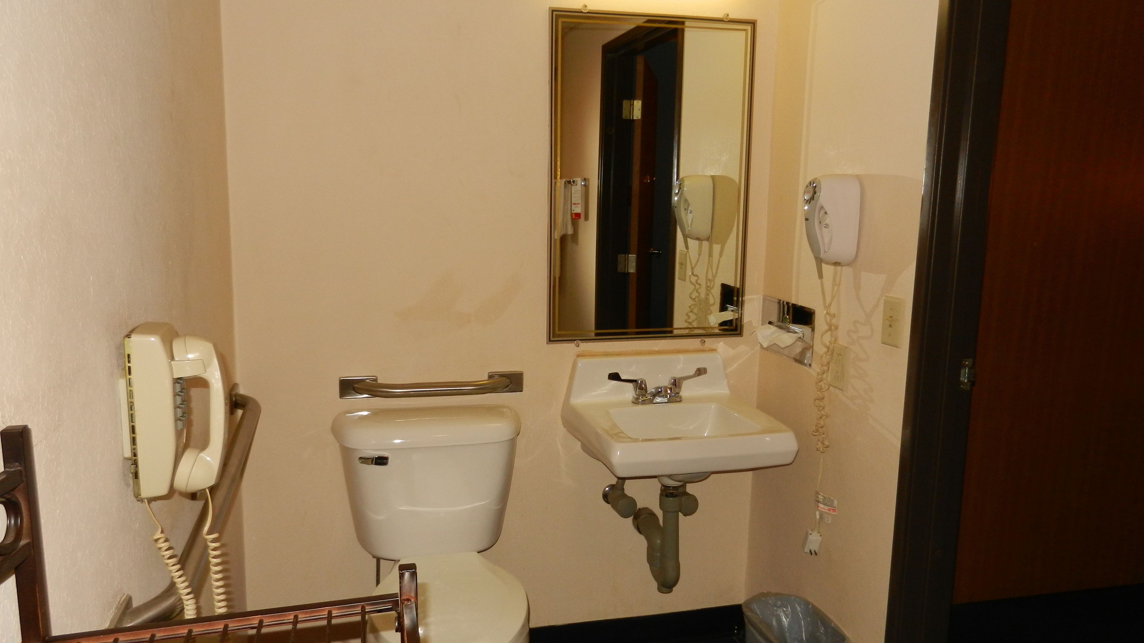 A bathroom with a toilet, sink, and a mirror.