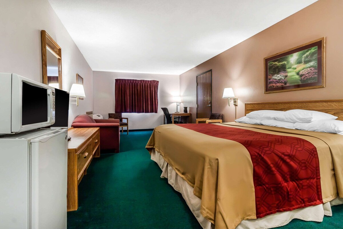 Una habitación de hotel con cama, escritorio, silla, televisión y un cuadro en la pared.