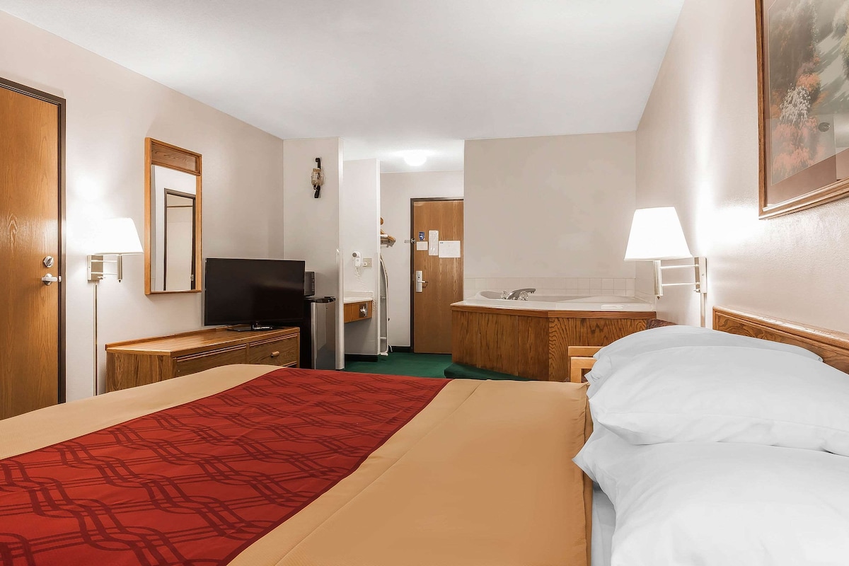 Habitación de hotel con cama, televisión, escritorio, cómoda, espejo, baño con lavamanos y retrete, y un cuadro en la pared.