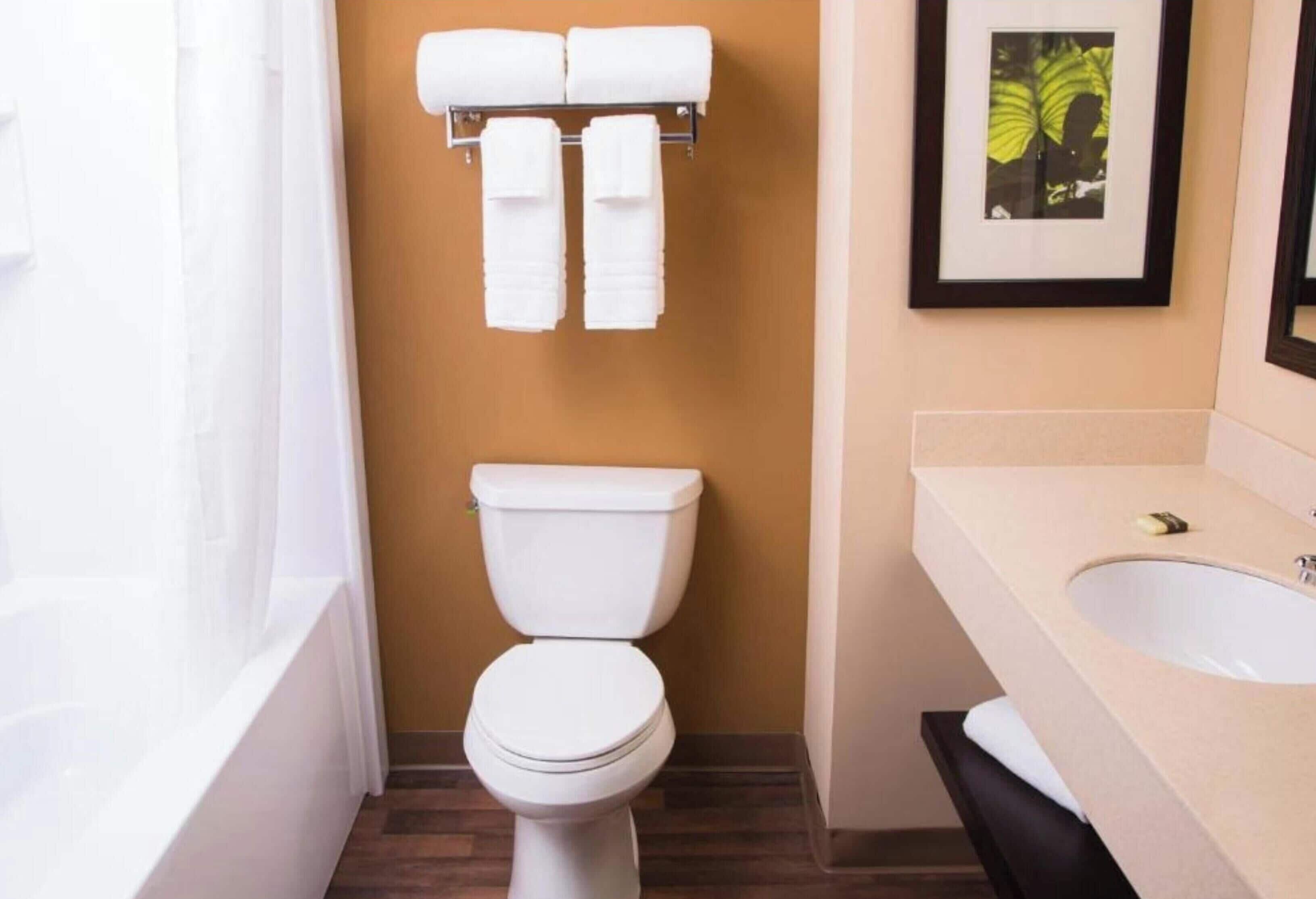 Combined shower/tub, free toiletries, towels