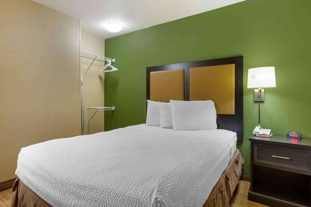 A hotel room with a large bed, a nightstand with a lamp, and a green accent wall.