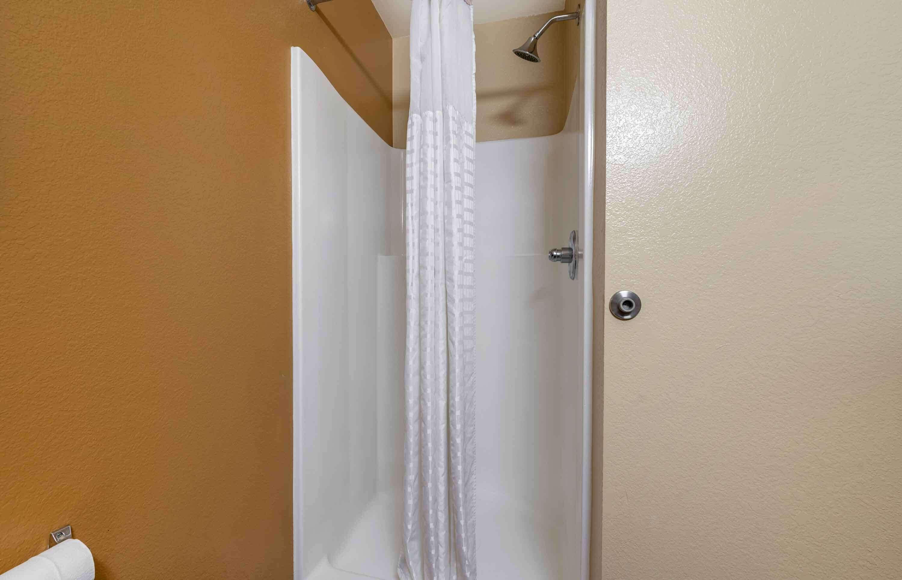 Une salle de bain avec un rideau de douche, un porte-rouleau de papier toilette et une porte.