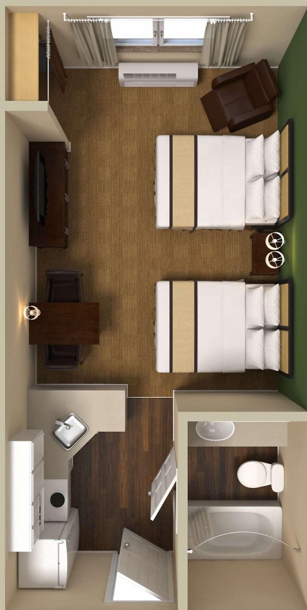 Habitación de hotel compacta con dos camas, una zona de descanso pequeña, kitchenette y baño.