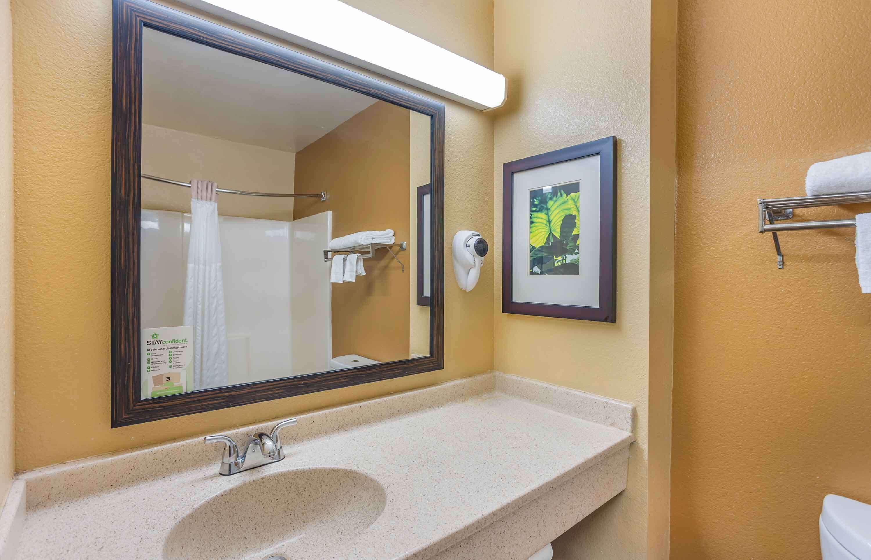 Un bagno con uno specchio grande, un lavandino, un portasciugamani e un quadro appeso al muro.