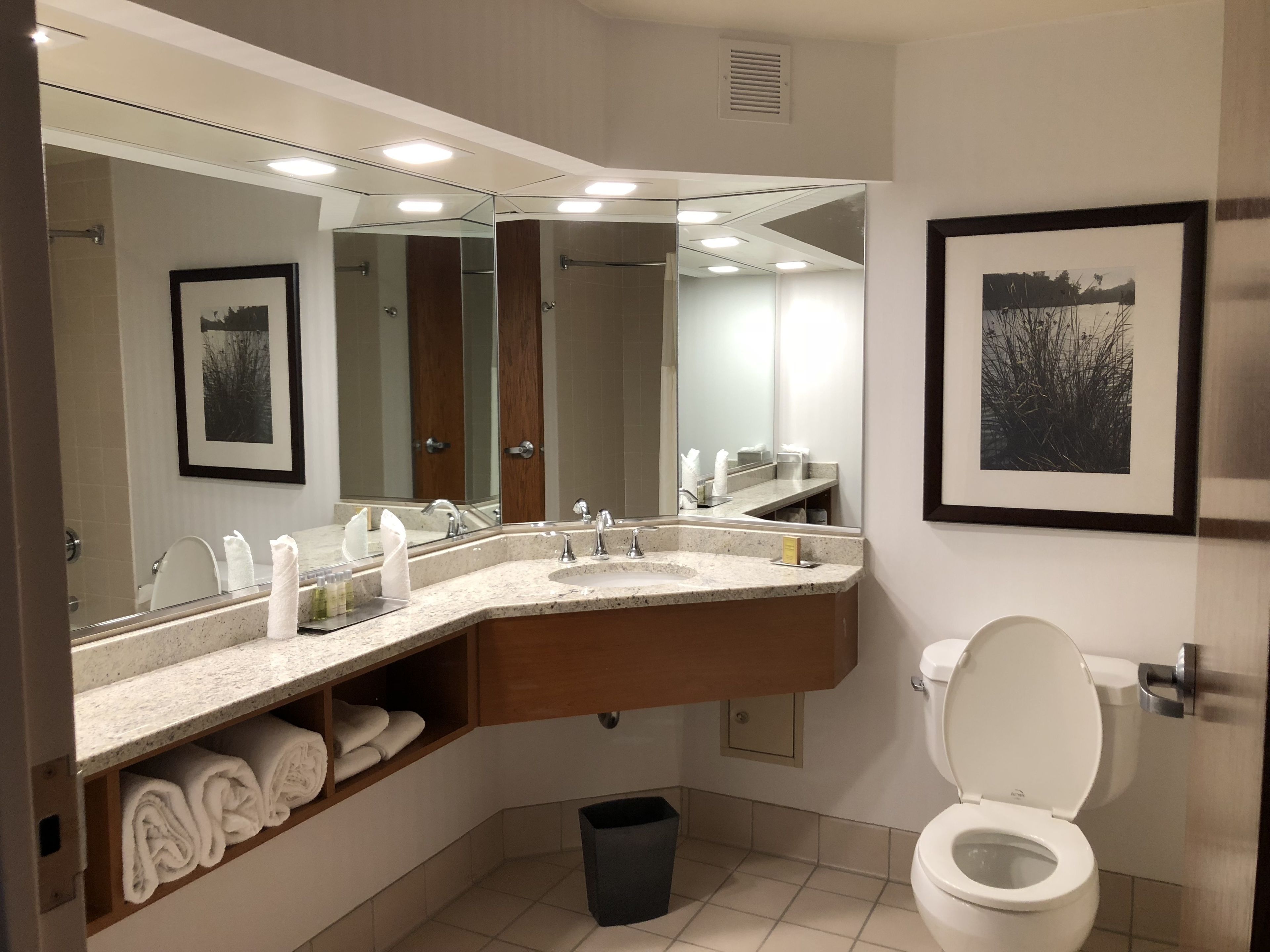 Een moderne badkamer met een grote spiegel, een wastafel, een toilet en een handdoekhouder.