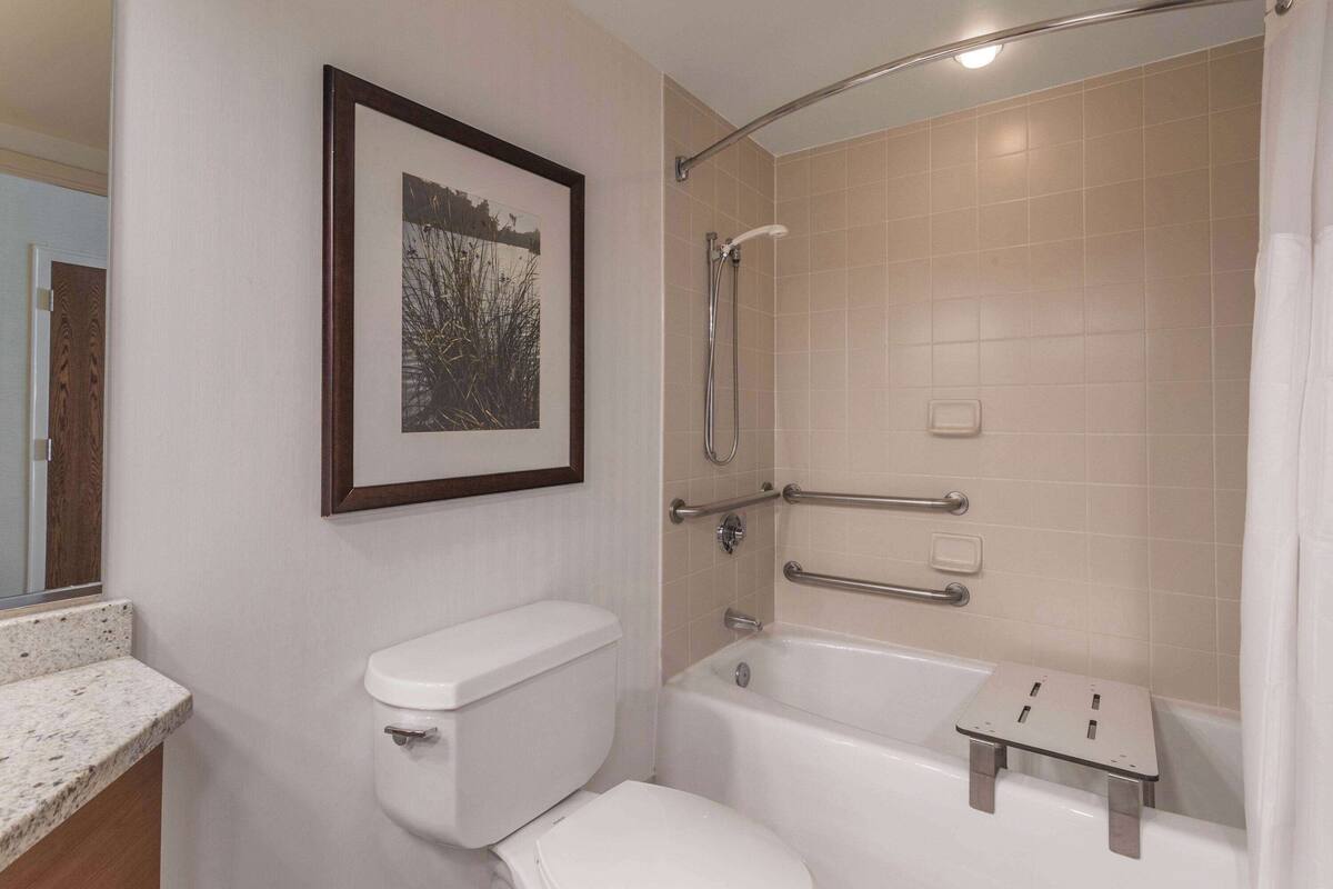 Une salle de bain avec des toilettes, une baignoire et une douche.