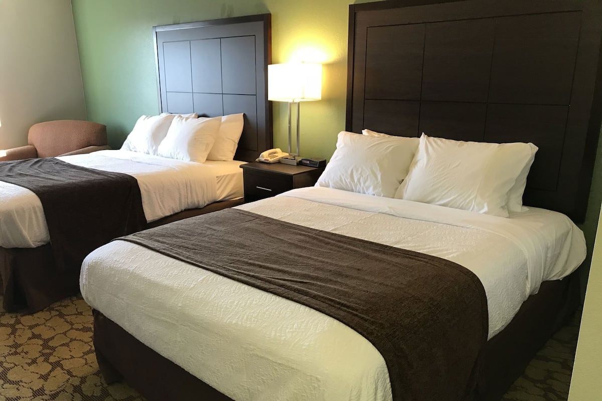 A hotel room with two beds, a bedside table with a lamp, and a patterned carpet.