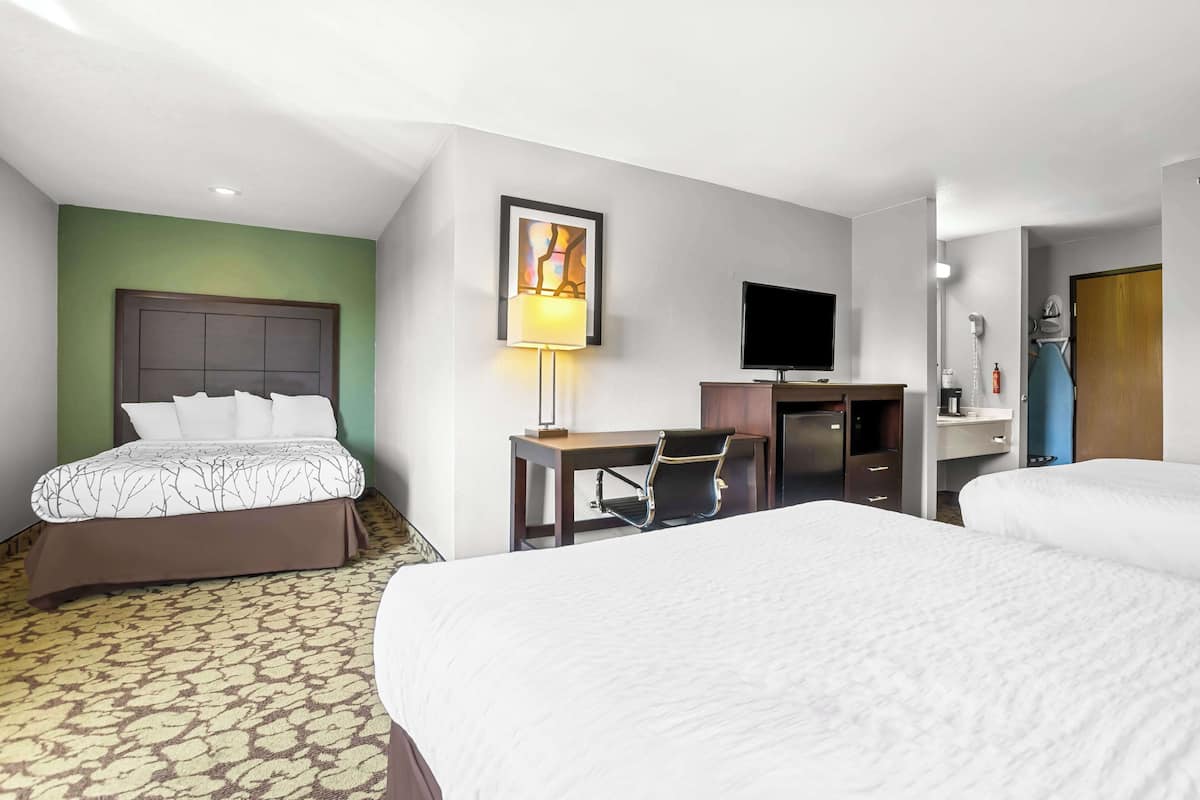 A hotel room with a bed, desk, chair, TV, and a painting on the wall.