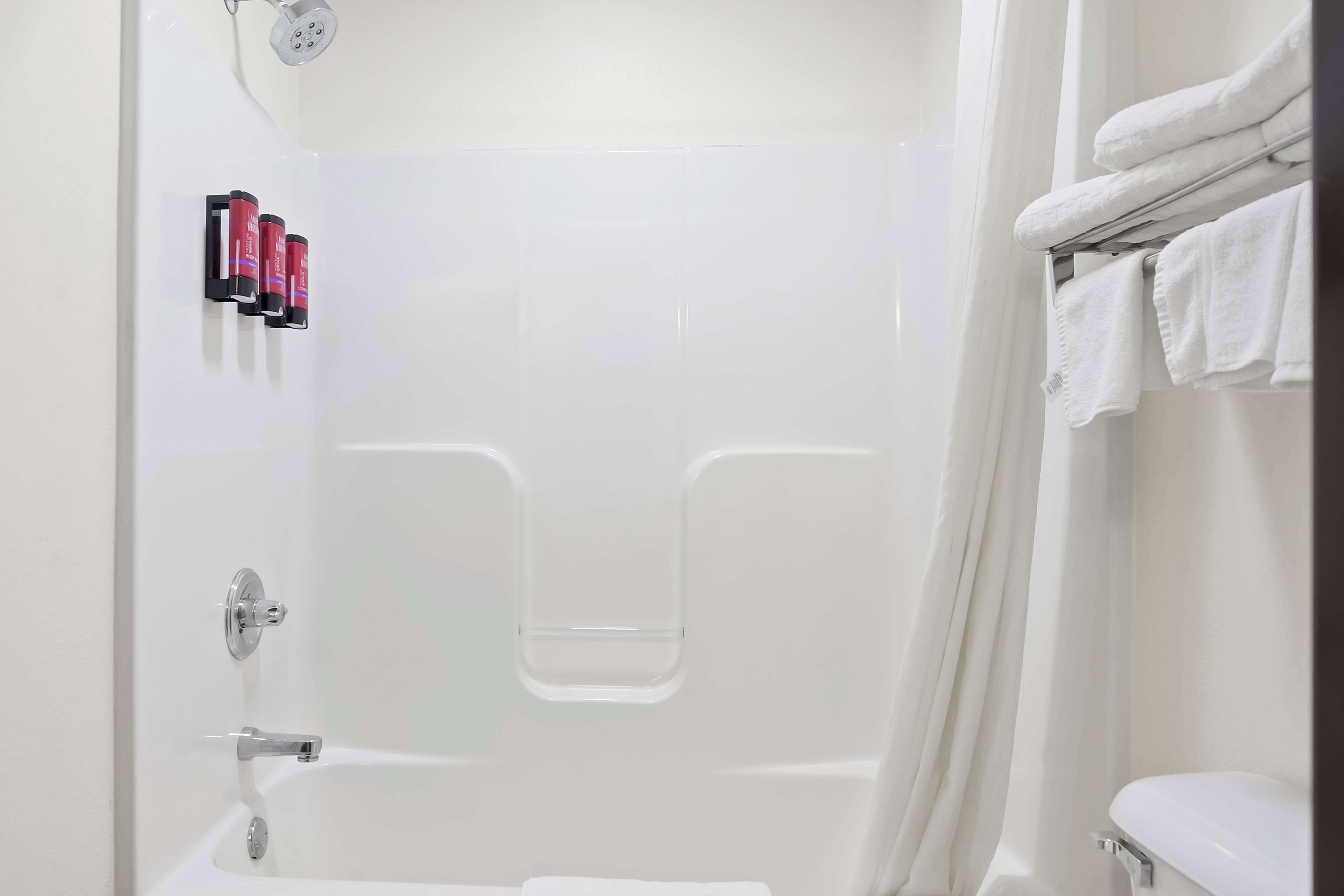 A bathroom with a bathtub, a toilet, and a shower curtain. There are towels hanging on a rack and three bottles on the wall.