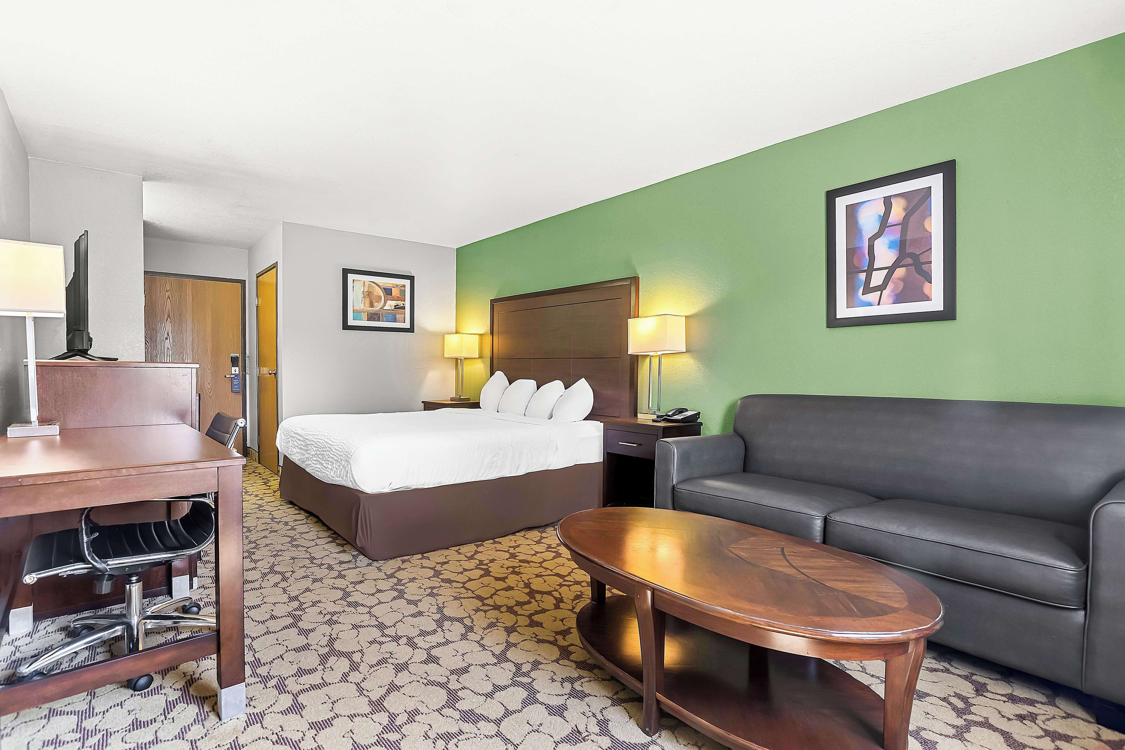 Una habitación de hotel con cama, escritorio con silla, sofá y alfombra estampada.