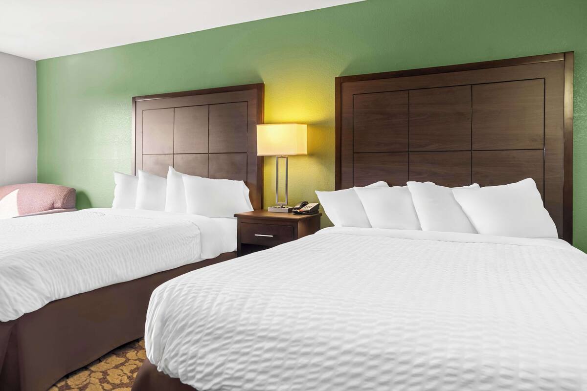 A hotel room with two beds, a nightstand with a lamp, and a green wall.