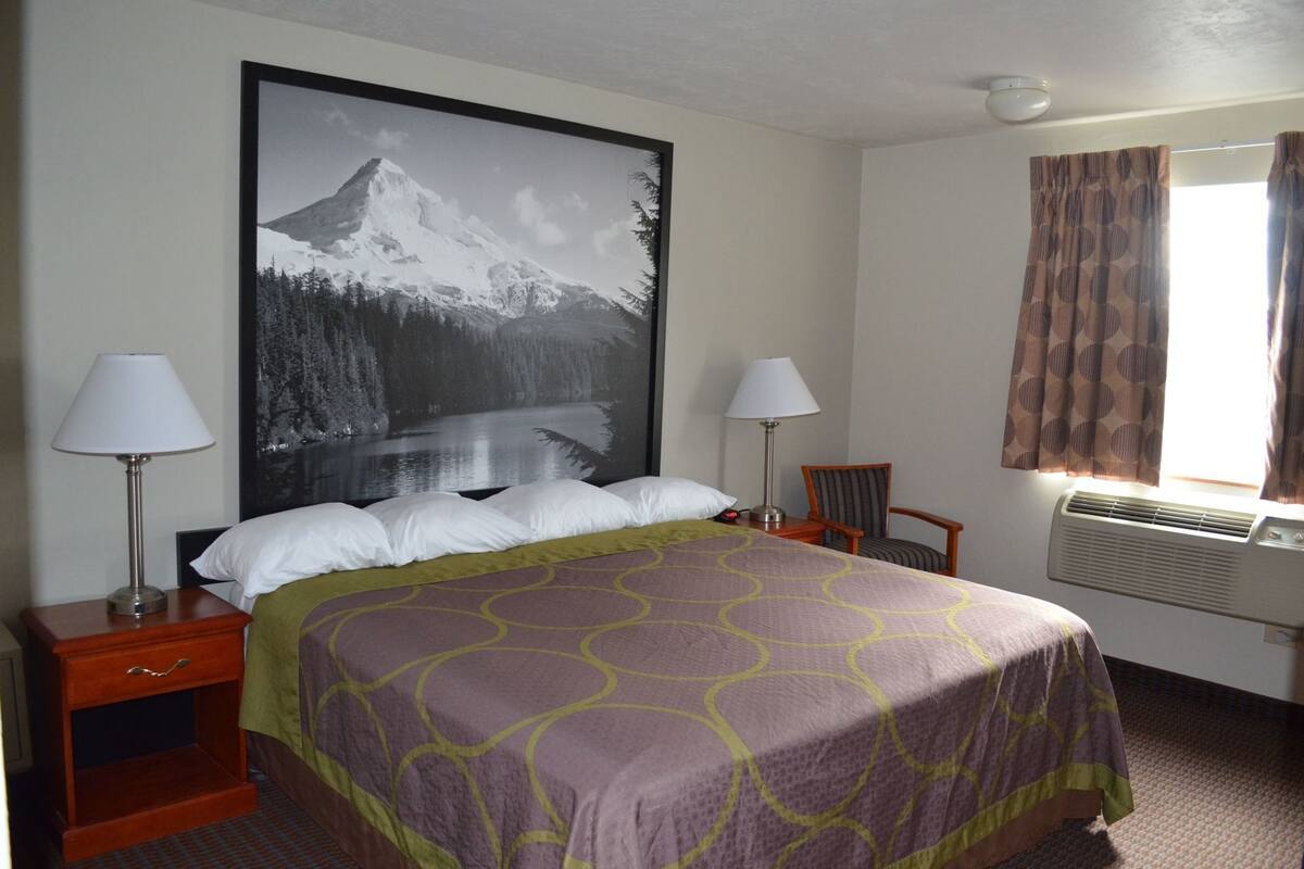Une chambre d’hôtel avec un grand lit, deux tables de chevet avec des lampes, une chaise, un appareil de climatisation et un grand tableau encadré au mur.