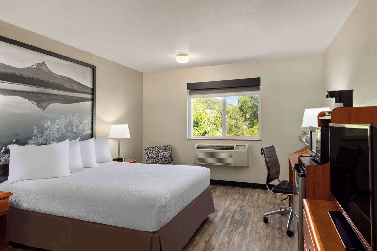 Une chambre d’hôtel avec un grand lit, un bureau avec une télévision, une chaise, une fenêtre donnant sur des arbres et un appareil de climatisation.