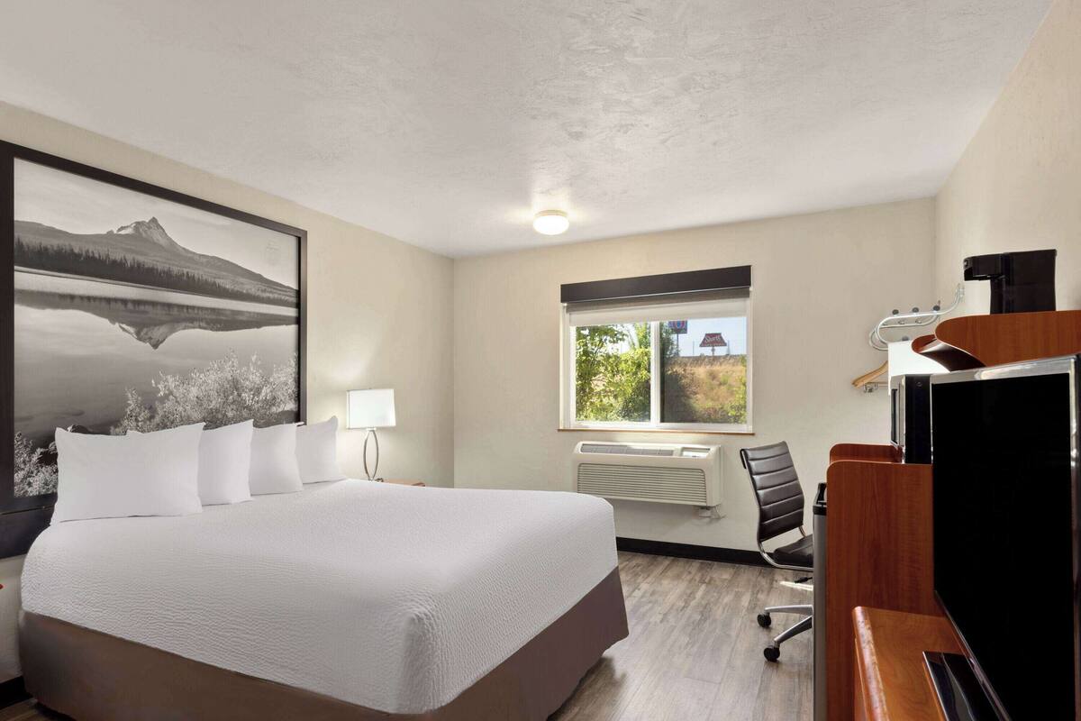 Une chambre d’hôtel dotée d’un grand lit, d’un bureau avec un téléviseur à écran plat, d’une fenêtre donnant sur la forêt et d’un tableau représentant une montagne et un lac.