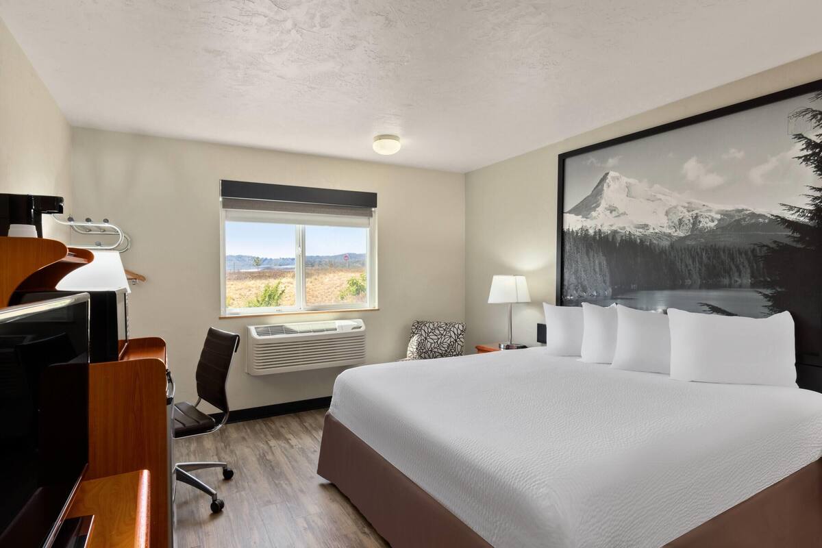 Une chambre d’hôtel avec un grand lit, un bureau avec un ordinateur, une chaise, une fenêtre donnant sur un beau paysage et un tableau au mur.