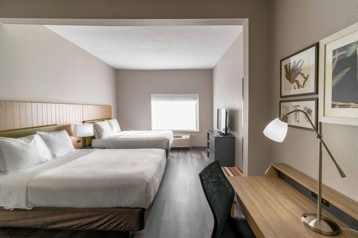 A hotel room with two beds, a desk, a chair, a TV, and framed artwork on the wall.