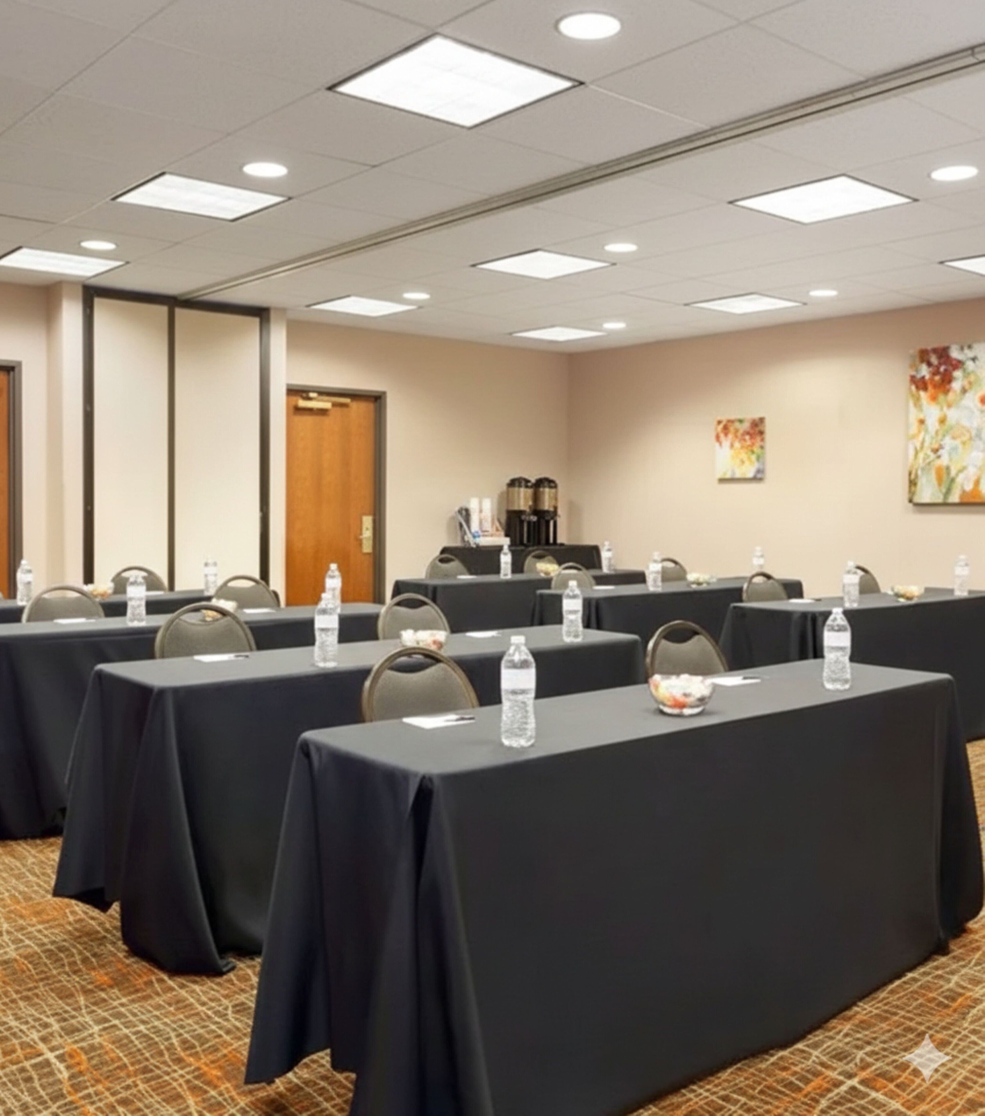 Sala de conferência com mesas organizadas para reuniões, equipada com garrafas de água e placas de identificação.