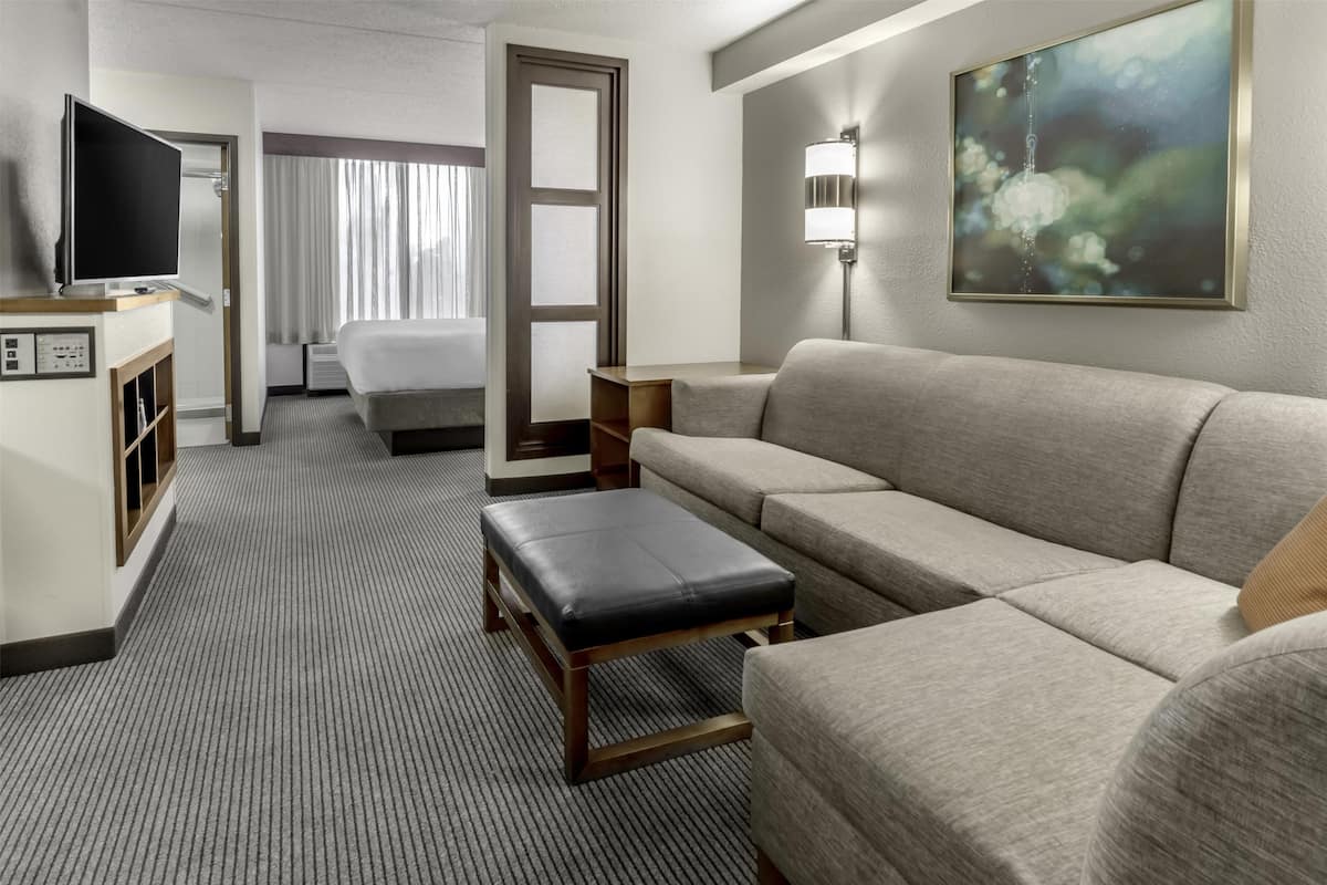 Habitación de hotel con una cama grande, un sofá, un televisor, un escritorio y un cuadro en la pared.