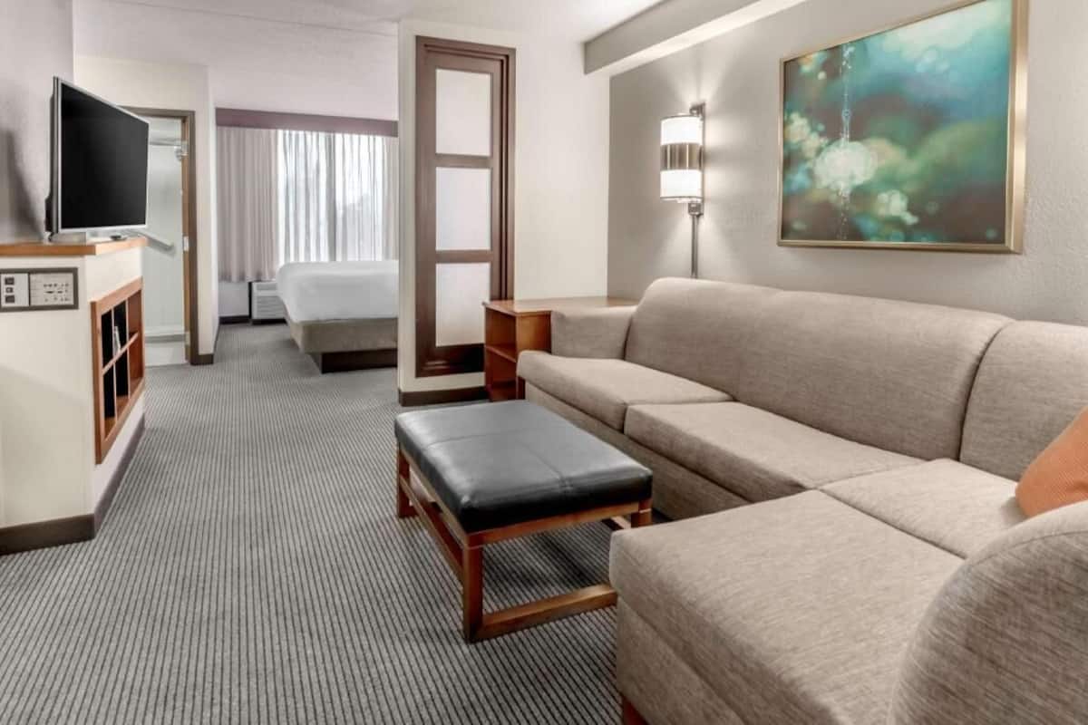 Una habitación de hotel con una cama, un sofá, un televisor, un escritorio y un cuadro.