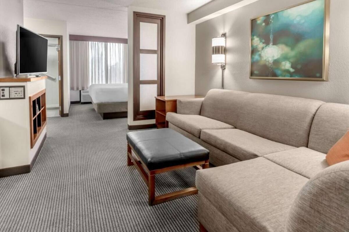 Una habitación de hotel con una cama, un sofá, un televisor, un escritorio y un cuadro.
