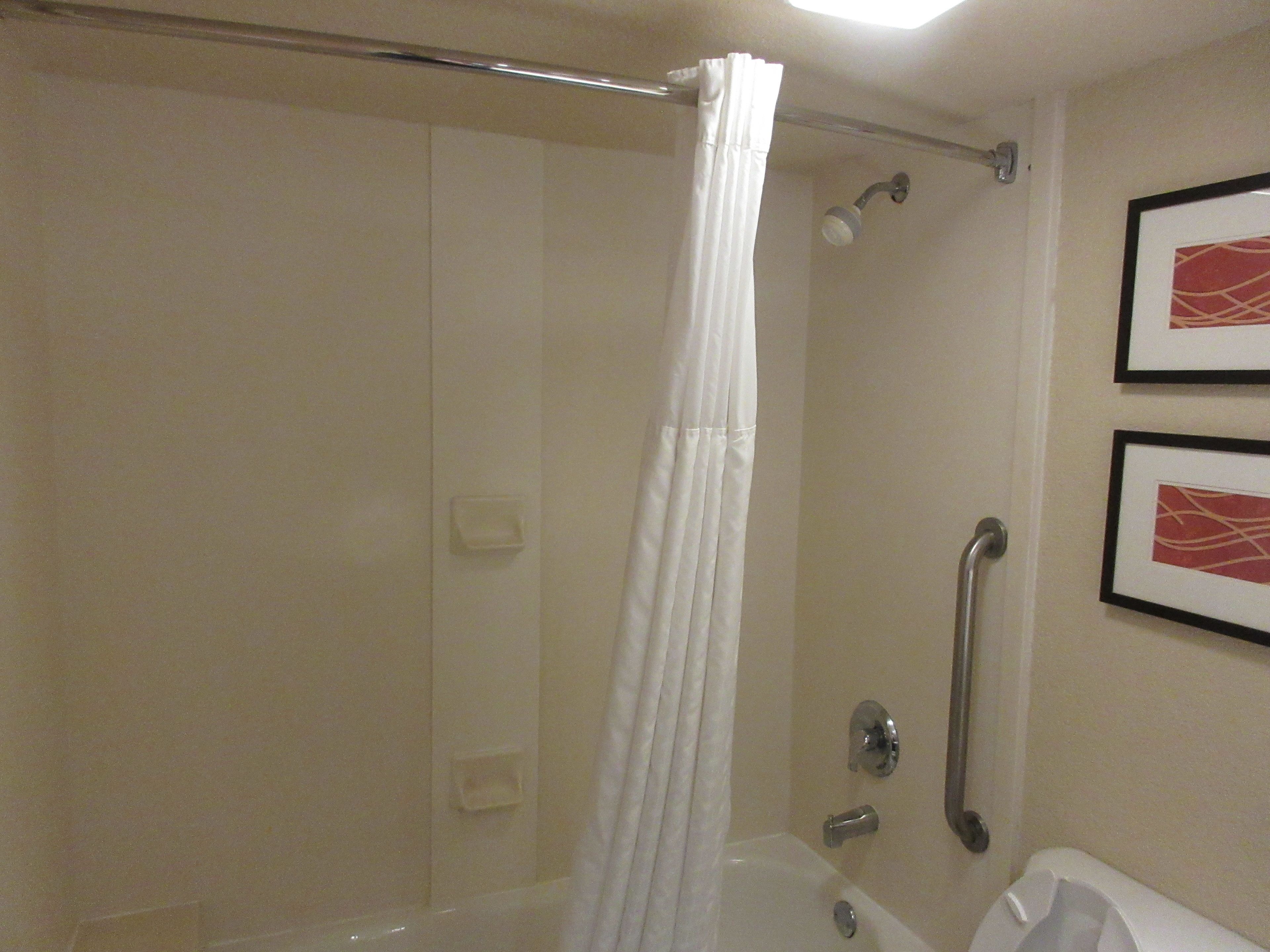 A bathroom with a shower, grab bars, a hand dryer, and framed artwork on the wall.