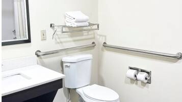 A modern bathroom with a white toilet, a sink with a black countertop, a mirror, a framed picture on the wall, and a handrail.