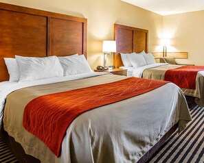 Premium bedding, laptop workspace, blackout drapes, iron/ironing board