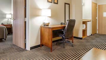 Premium bedding, laptop workspace, blackout drapes, iron/ironing board