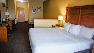 Premium bedding, laptop workspace, blackout drapes, iron/ironing board