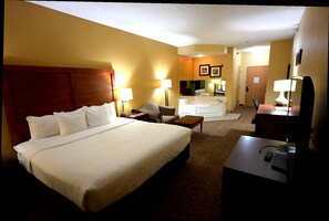 Premium bedding, laptop workspace, blackout drapes, iron/ironing board